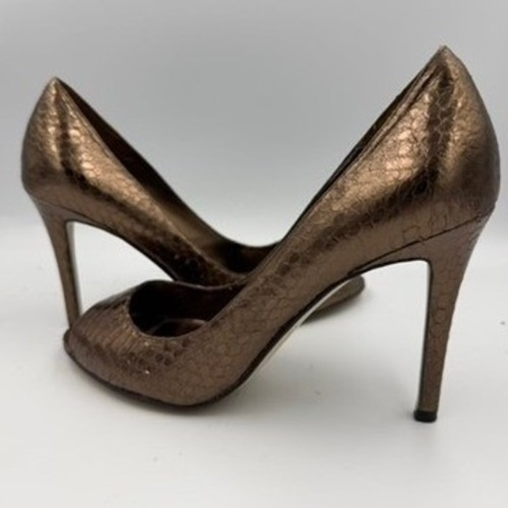 Enzo Angiolini Peep Toe Pumps Womens 7.5M Bronze Excellent Snake Skin Stiletto